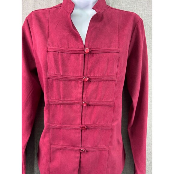 Dress Barn Women's Sueded Button Down Shirt Size M Red Asian Style Military - Picture 2 of 9